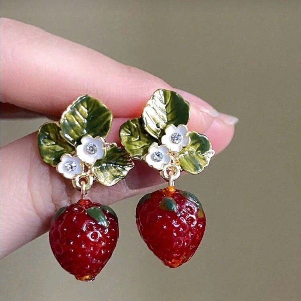 Gold-Tone Strawberry Drop Earrings with Green Leaves